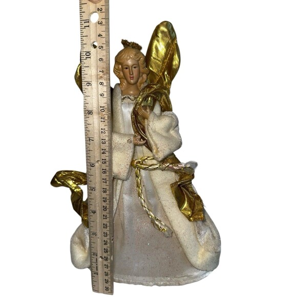Vintage Gold Wing Angel Tree Topper White Velvet Gown Classic Christmas Angel - Picture 9 of 10